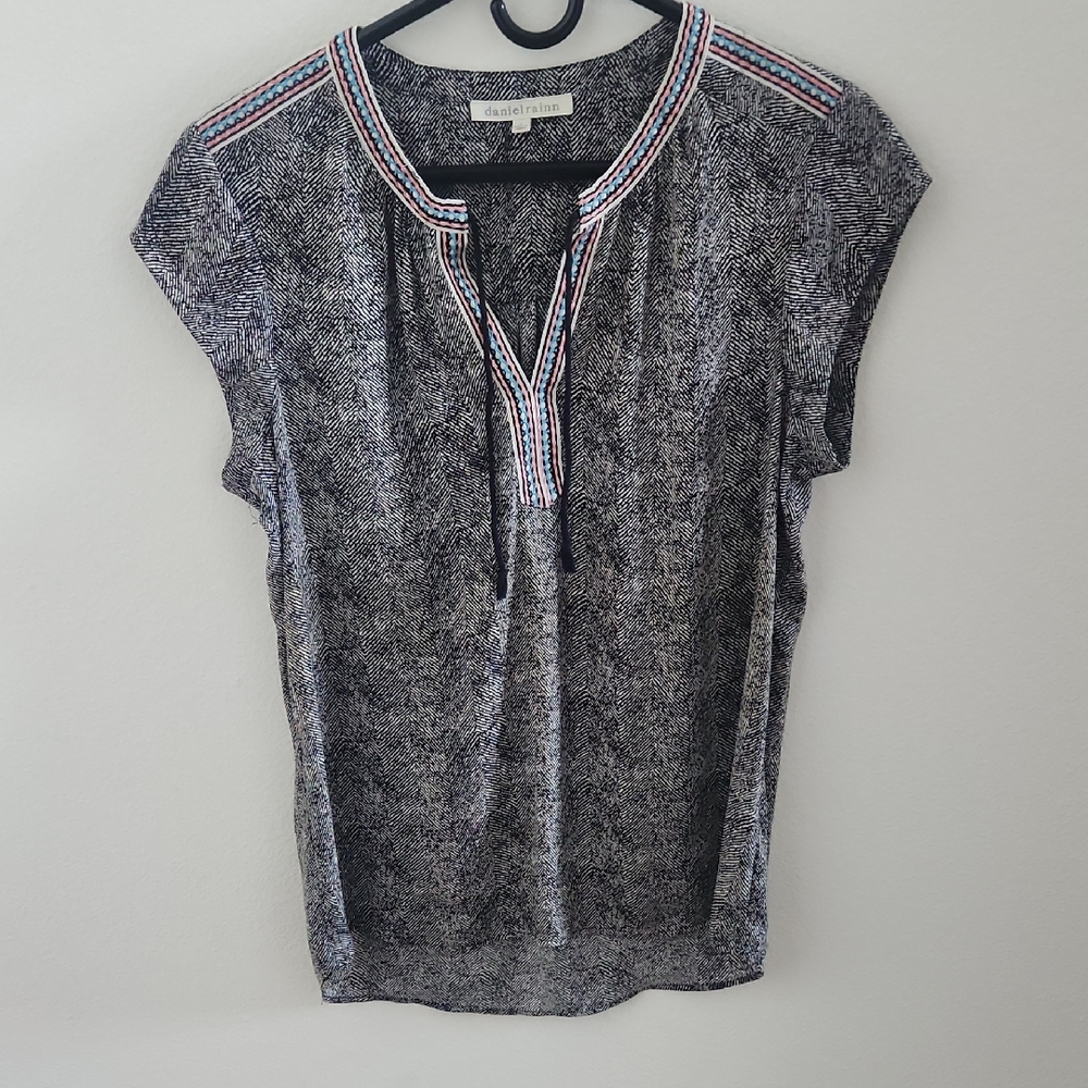 Daniel Rainn Women's Patterned Blouse with Pink and Blue Trim